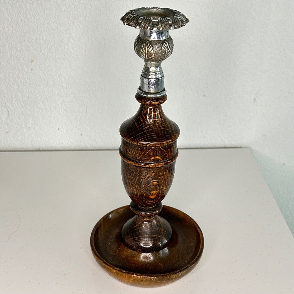 Antique English Oak Candlestick Candle Holder Sliver Metal Top
